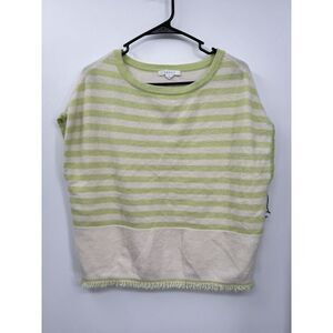 Duffy 100%‎ Cashmere Lime Green White Striped Sleeveless Fringed Tunic Sweater M